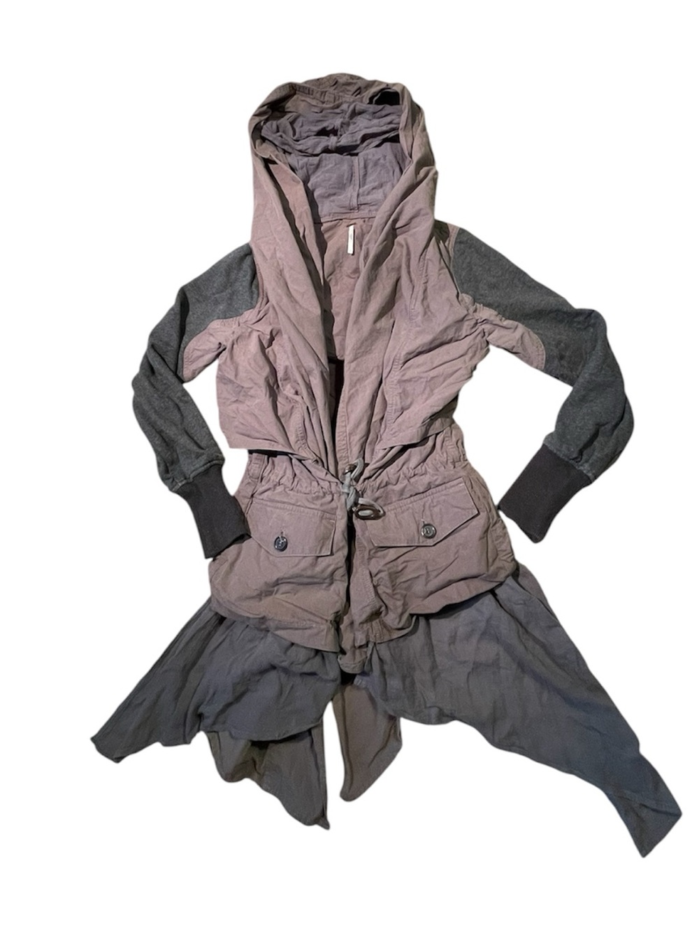 Free People Grey Boho Flowy Mid Long Jacket With Waist Tie, Hood & Pockets XS